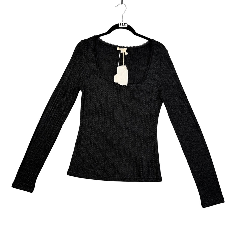 NWT Hem & Thread Pointelle Knit Top Women M Black Square Neck Basics